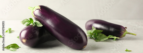 Ripe eggplants and basil on light grey marble table. Banner design