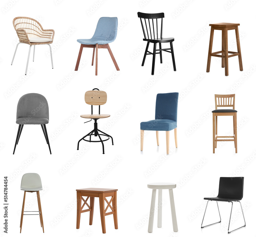 Set with different stylish chairs on white background Set with different stylish chairs on white background