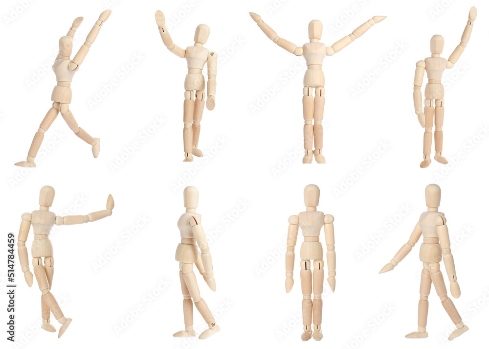 Set with wooden human models in different poses on white background Set with wooden human models in different poses on white background