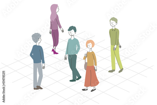 道を歩く行き交う人々　イラスト