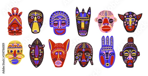 African masks. Tribal ethnic decorative faces. Traditional warrior elements. Ritual accessories. Cult symbols. Doodle Indian idols. Ceremonial totems. Native souvenirs. Classy vector set