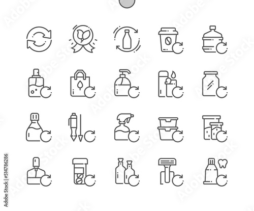 Products refill option. Water bottle, glass jar, lunch box, food container and other. Eco friendly. Pixel Perfect Vector Thin Line Icons. Simple Minimal Pictogram