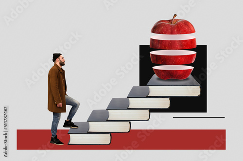 Canvas Print Digital collage with a man in a hat and coat climbs the stairs from the books