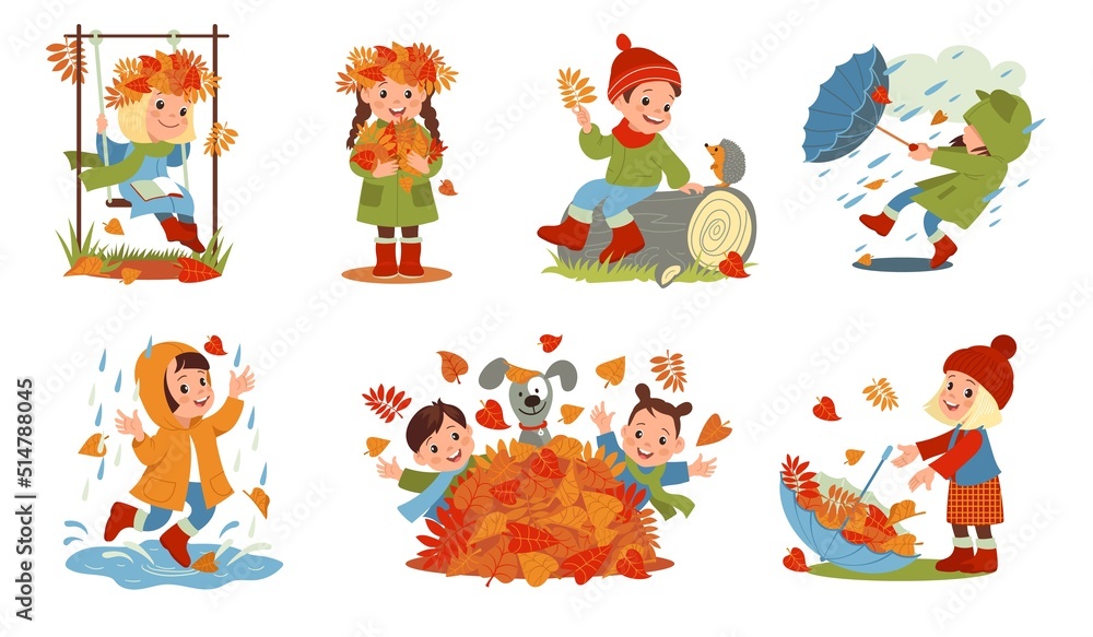 Rainy day children. Funny kids play with foliage. Outdoor leisure games. Autumn weather. Girls and boys in warm clothes with umbrellas. Happy persons walking in park. Splendid vector set