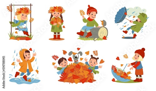Rainy day children. Funny kids play with foliage. Outdoor leisure games. Autumn weather. Girls and boys in warm clothes with umbrellas. Happy persons walking in park. Splendid vector set