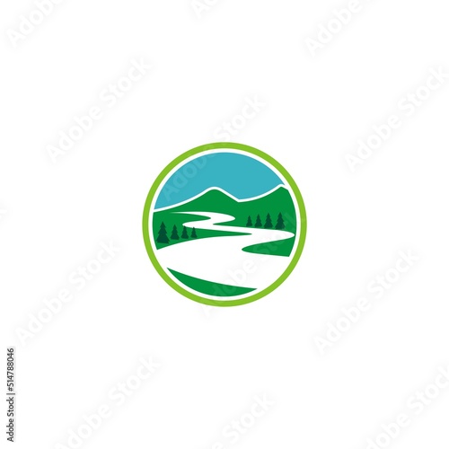 mountain and water sun tree logo template