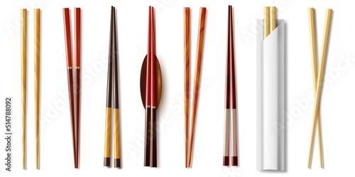 Realistic chopsticks. Asian food tableware. Sushi and rolls bamboo sticks. Japanese or Chinese traditional utensil. Disposable and wooden objects. Oriental dinnerware. Vector cutlery set