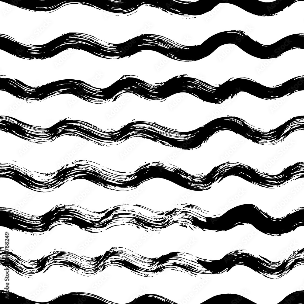 Abstract seamless hand drawn wavy pattern. Black and white curved brush strokes, wavy lines with scribbles and scuffs. Vector ink illustration. Design for backdrops with sea, rivers or water texture Abstract seamless hand drawn wavy pattern. Black and white curved brush strokes, wavy lines with scribbles and scuffs. Vector ink illustration. Design for backdrops with sea, rivers or water texture