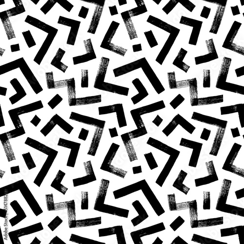 Zigzag and triangle vector seamless pattern. Hand drawn geometric brush strokes. Thick lines with scuffs. Abstract grunge zig zag lines texture, triangles and dashes. Mosaic and maze seamless pattern.