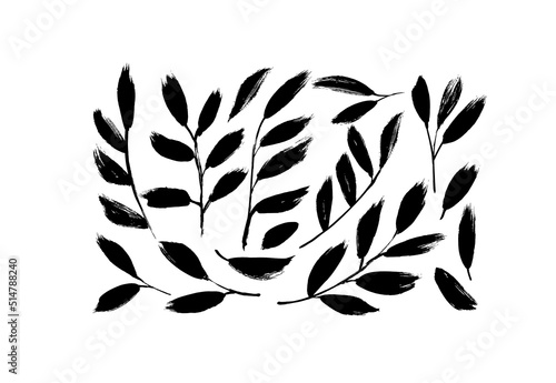 Plant branches with black leaves vector illustrations set. Collection of olive leaves silhouettes. Vector hand drawn black line design elements. Twigs and branches. Botanical plant clipart