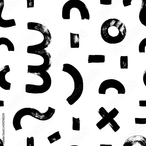 Vector geometric seamless pattern. Black and white texture with cross, circle, curved lines, bold stripes. Vector abstract geometric pattern. Modern abstract wallpaper in memphis style. Textile design