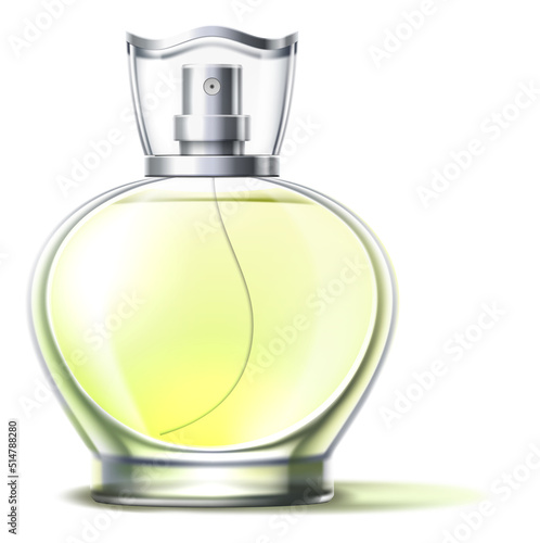 Round glass bottle with yellow fragrance. Perfume mockup