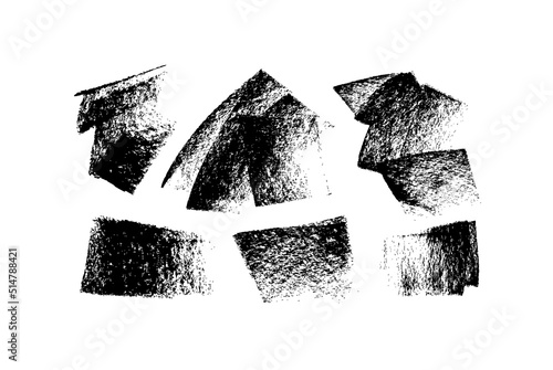 Charcoal bold smears, wide brush stroke shapes. Hand drawn scribble sketch banners. Charcoal pencil sketch with noise texture. Set of abstract simple shapes. Dry black smears isolated on white. 