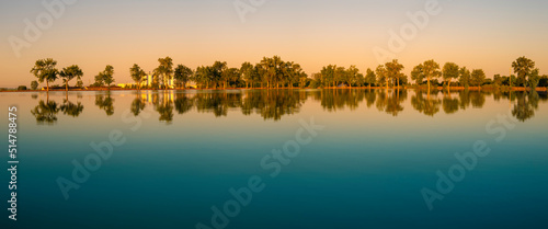 Tranquil water reflections of the cottonwood trees at Deshler Reservoir Park in Ohio