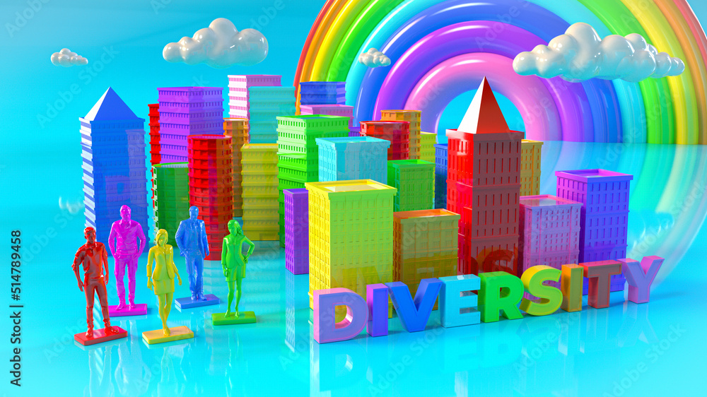 Diversity - Bunte Stadt mit Gebäuden und diversen Menschen als Figuren mit Wolken am Himmel und Regenbogen im Hintergrund