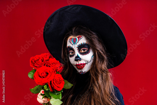 nice glamorous beautiful mexican dark brown eyes woman ready to Santa Muerte day
