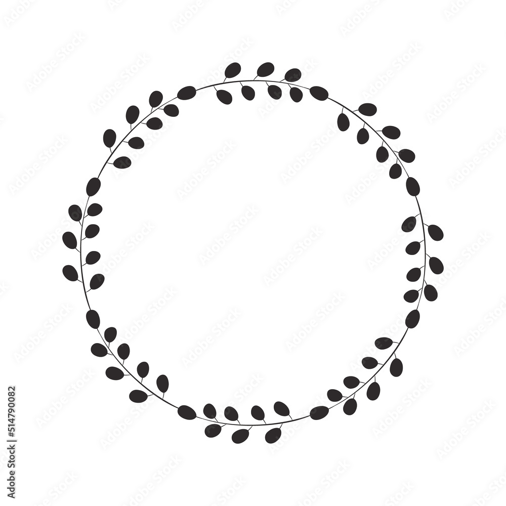 Abstract simple wreath of twigs and leaves in black. Minimalistic border, home design decoration, tag, logo. Floral frame, scrapbook element. Vector illustration isolated on white background. 