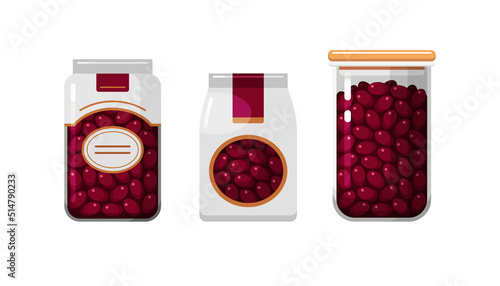 Red dried beans in paper, plastic packaging and kitchen food storage container. Set of vector illustrations isolated on white background