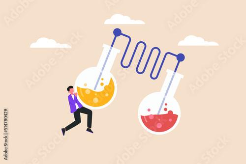 Young boy researchers doing two tube experiment. Scientific research concept. Flat vector illustration. 