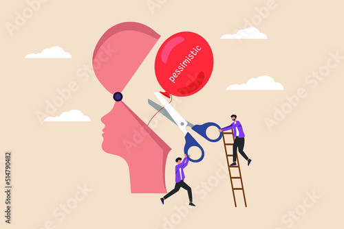 Businessman cuts a pessimistic balloon on his head. Optimist and pessimist psychology concept. Colored flat graphic vector illustration isolated.