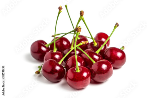Cherry isolated. Cherries on white background. Sour cherry on white. Full depth of field.