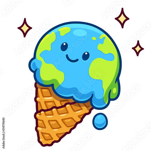 Cartoon melting Earth ice cream cone