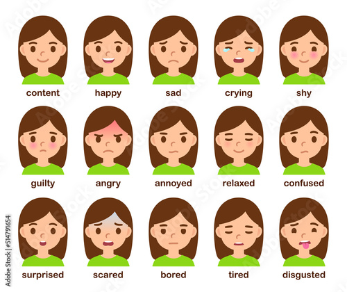 Cartoon girl face with different emotions