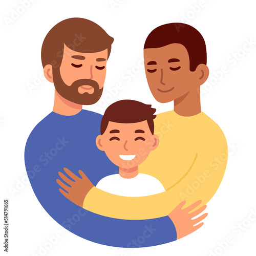 Gay couple, two fathers hugging child