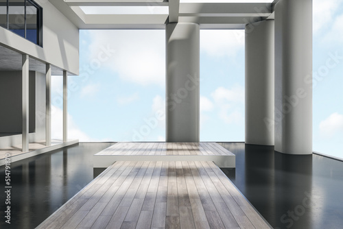 Creative modern concrete  glass and wooden rooftop  penthouse or balcony exterior with bright blue sky view. Design and architecture concept. 3D Rendering.
