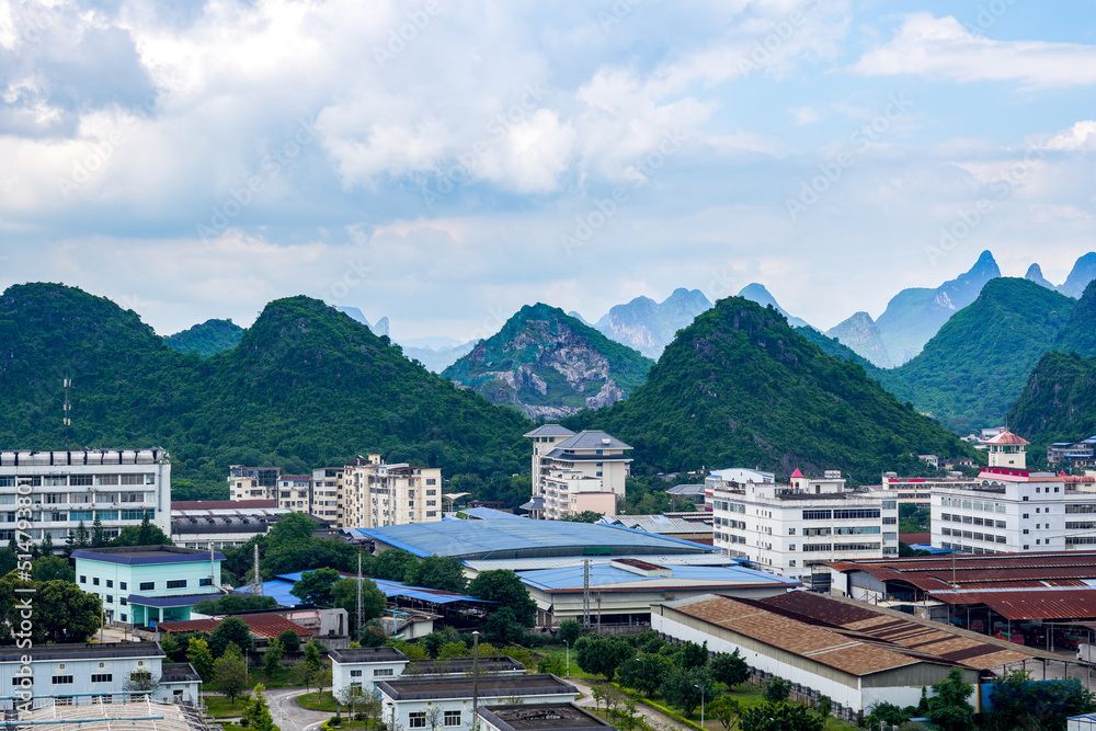 City buildings and mountains landscape in Guilin, Guangxi, China