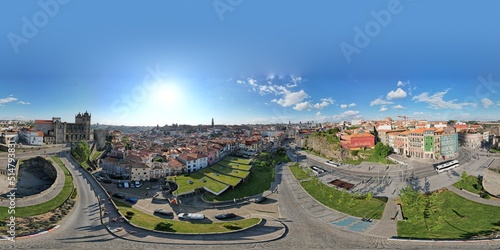 360-degree panoramic Aerial view of Porto city center square with Cathedral (Se do Porto) at sunny day, Historic building of oldtown, Portugalgal 