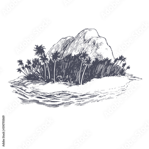 Vector vintage illustration of Treasure Island in engraving style. Hand drawn sketch of tropical landscape with trees and sea. Ocean coast with Palm Beach.