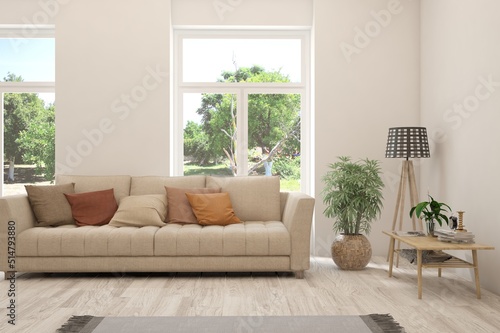 White living room with sofa and summer landscape in window. Scandinavian interior design. 3D illustration