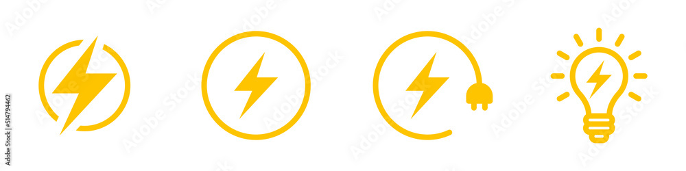 Conjunto de icono de energía renovable y carga eléctrica. Concepto de electricidad y energía, color amarillo Conjunto de icono de energía renovable y carga eléctrica. Concepto de electricidad y energía, color amarillo