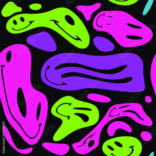 Seamless pattern with funny cartoon characters. Trippy 70s style background.