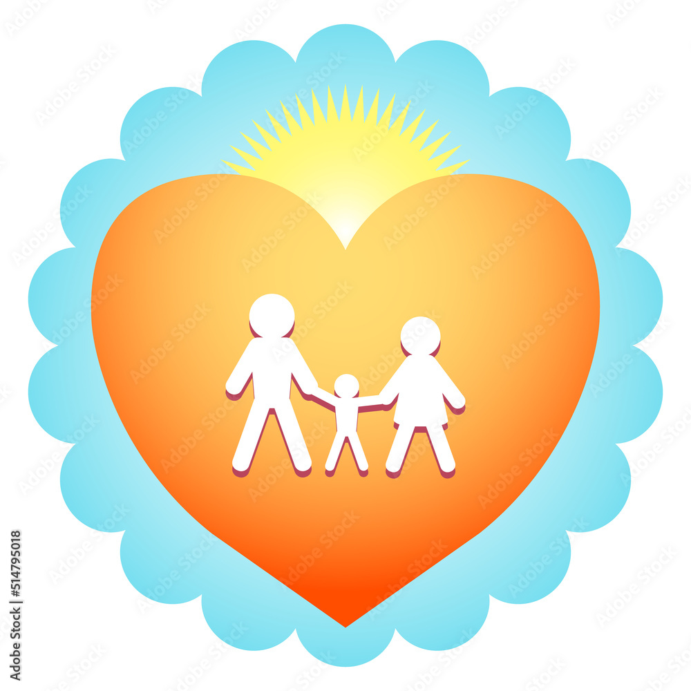 Three white figures of family members on the background of a heart, a blue cloud and a yellow sun. Symbol, logo of peace, friendship, family happiness. Flat color vector illustration. Three white figures of family members on the background of a heart, a blue cloud and a yellow sun. Symbol, logo of peace, friendship, family happiness. Flat color vector illustration.
