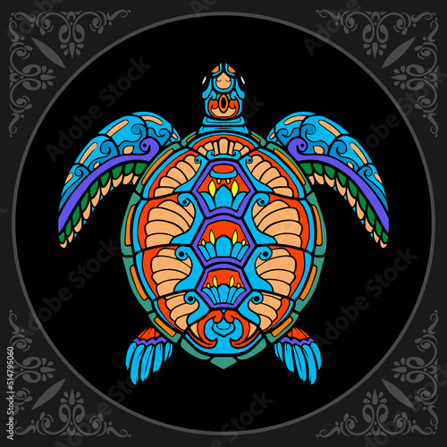 Colorful turtle zentangle arts. isolated on black background.