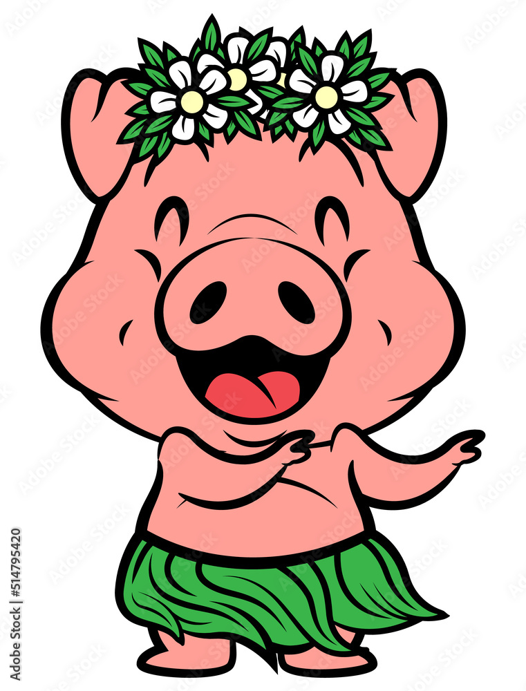 Cartoon illustration of Funny Piglets wearing hawaiian costume like lei and hula, and doing hula hula dance, best for sticker, mascot, and logo with summer themes for kids Cartoon illustration of Funny Piglets wearing hawaiian costume like lei and hula, and doing hula hula dance, best for sticker, mascot, and logo with summer themes for kids