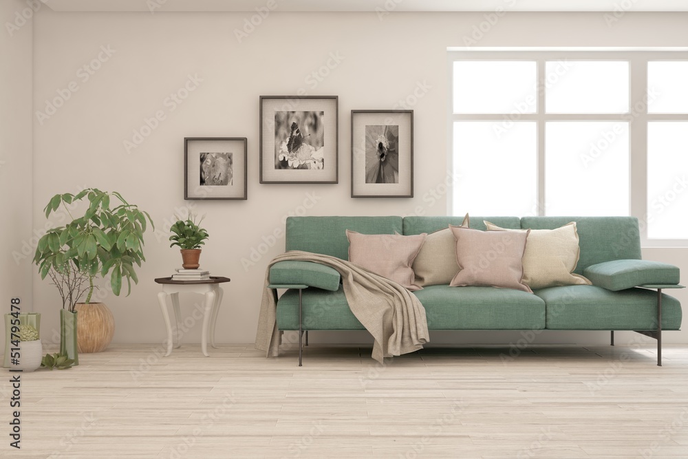 Obraz premium White living room with sofa. Scandinavian interior design. 3D illustration