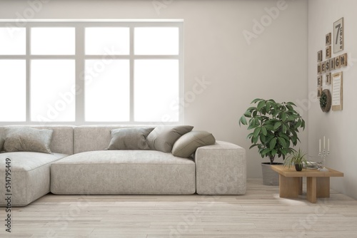 Modern living room in white color with sofa. Scandinavian interior design. 3D illustration © AntonSh