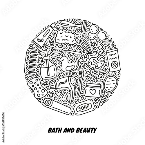 Doodle bathroom and hygiene icons in circle.