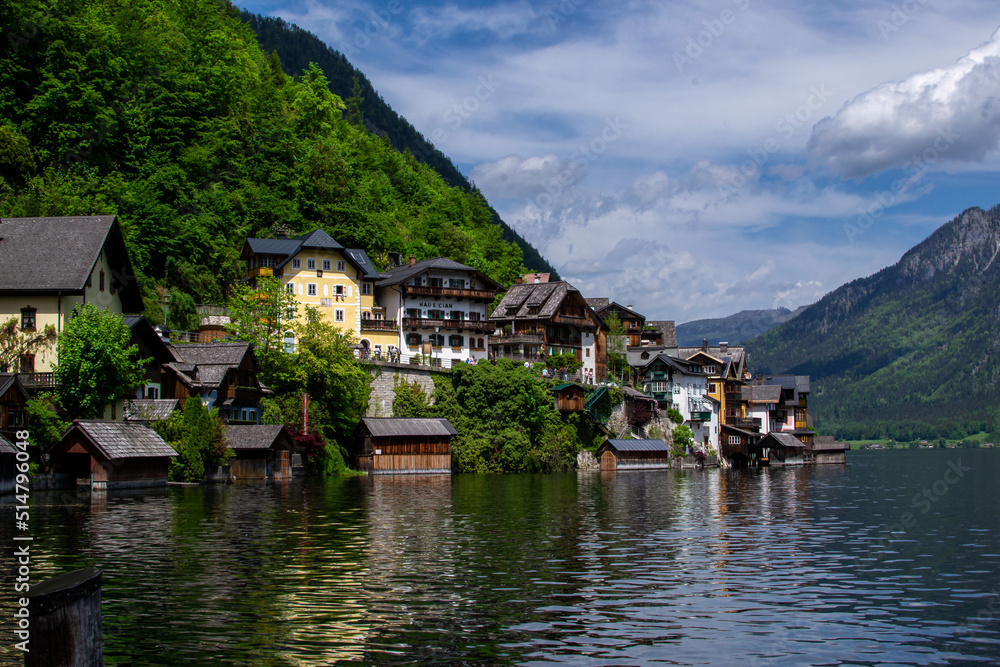 Fototapeta premium view of the alpine village from the ferry