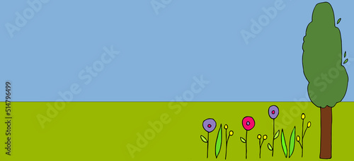 Tablou pe pânză field, tree and flowers