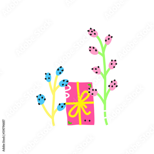 Doodle pussy willow twigs and present box.
