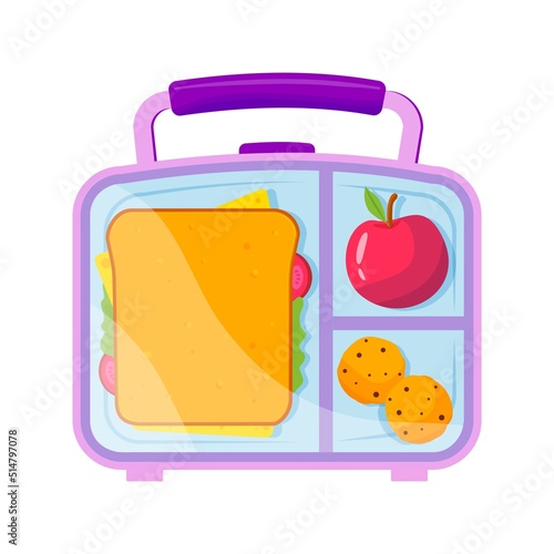 Lunch Box with school lunch, apple, sandwich, and cookies. Healthy Food For Kids And Students Flat vector illustration isolated on white background.