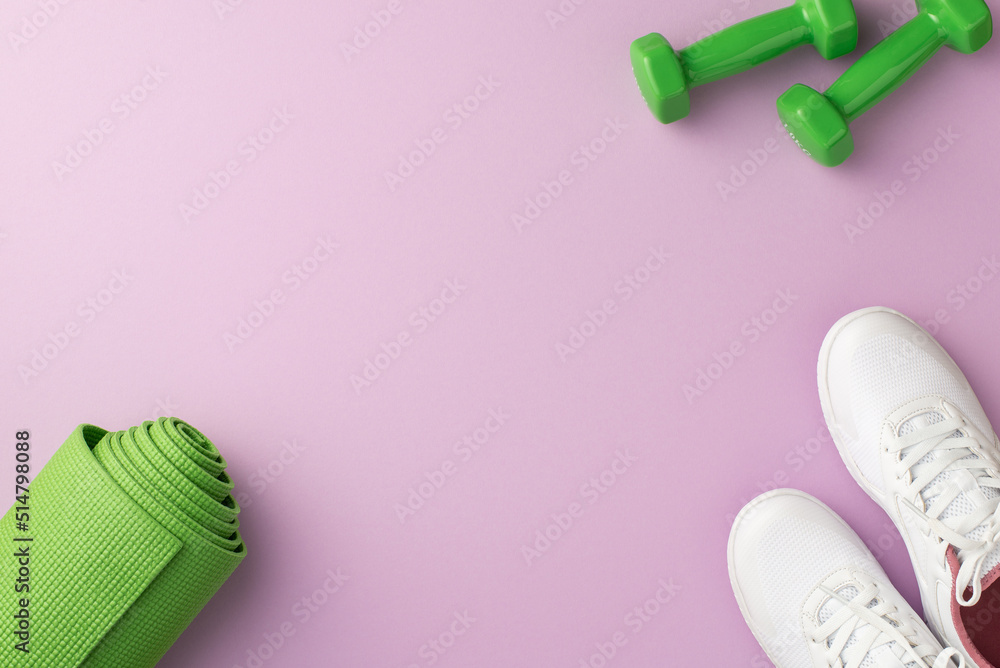 Fitness accessories concept. Top view photo of green yoga mat dumbbells and white sports shoes on isolated pastel violet background with copyspace