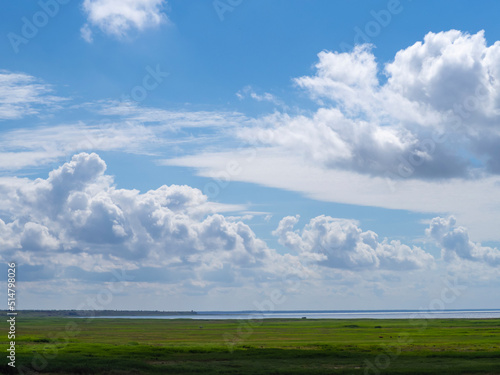 Cloudy sky with beautiful clouds in the blue sky over a flooded green meadow near the sea bay. Beautiful cloudy landscape over the lagoon of the sea. Sky background with clouds