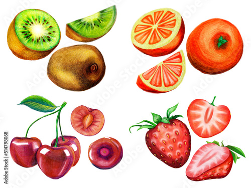 Fototapeta Naklejka Na Ścianę i Meble -  A set of whole and sliced ripe kiwis, juicy cherries, strawberries and oranges drawn with colored pencil on an isolated background. For the design of natural organic elements.