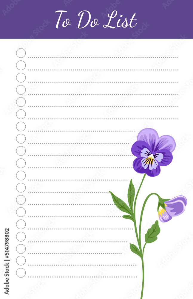 Daily planner, note paper, to do list, template decorated with flower ...