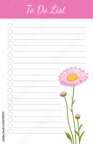 Daily planner, note paper, to do list, template decorated with flower. School schedule, organizer, checklist, notebook. Pink daisy wildflower design. Colorful flat vector illustration.